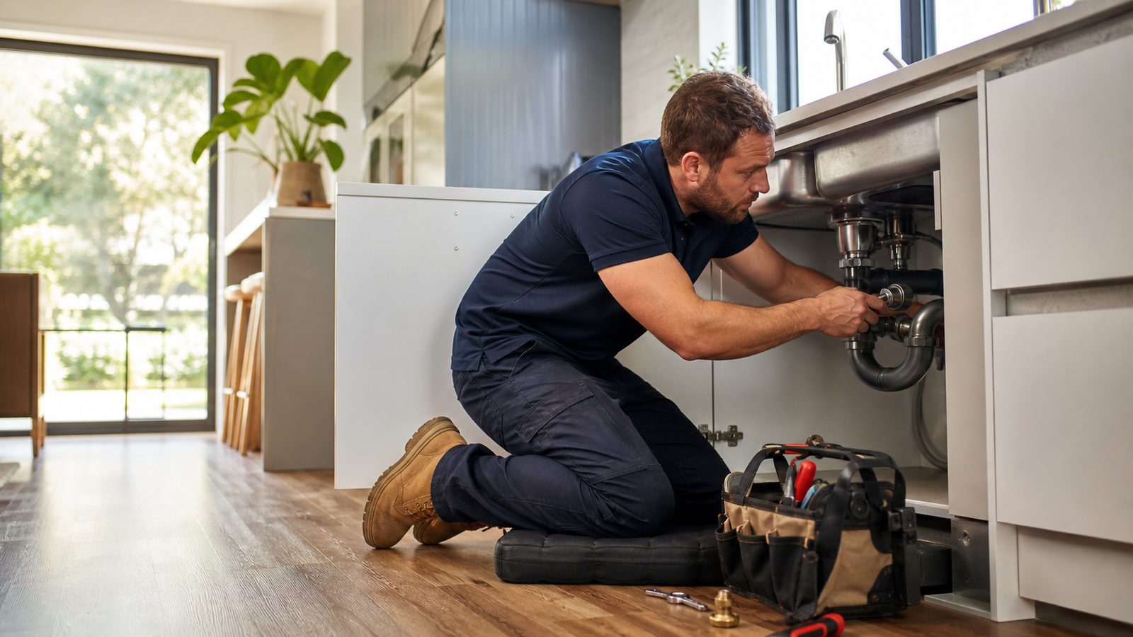 Person working on pipe connections inside an open kitchen sink cabinet
