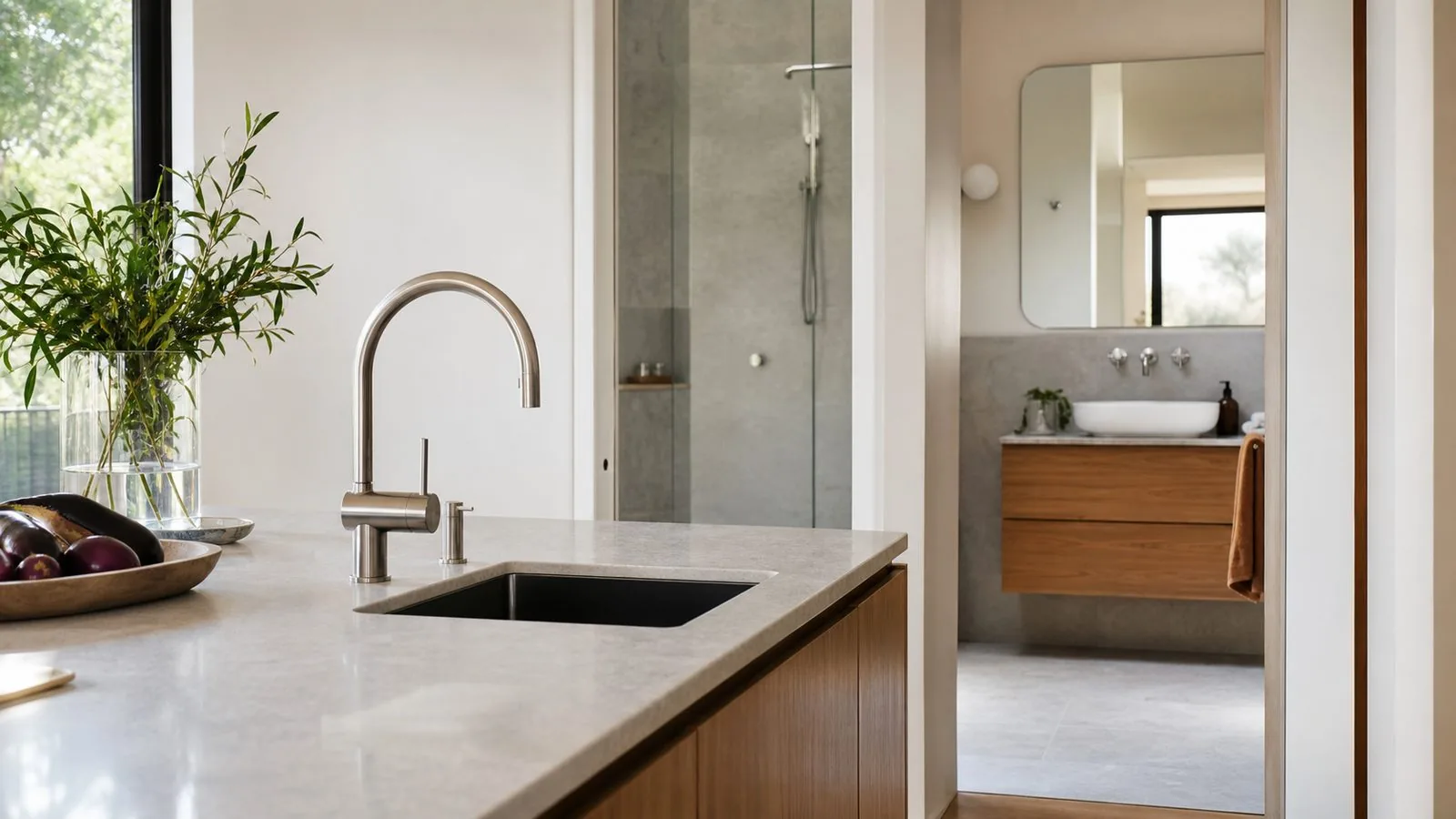 Bathroom with a wall-hung vanity and shower visible beyond a kitchen sink